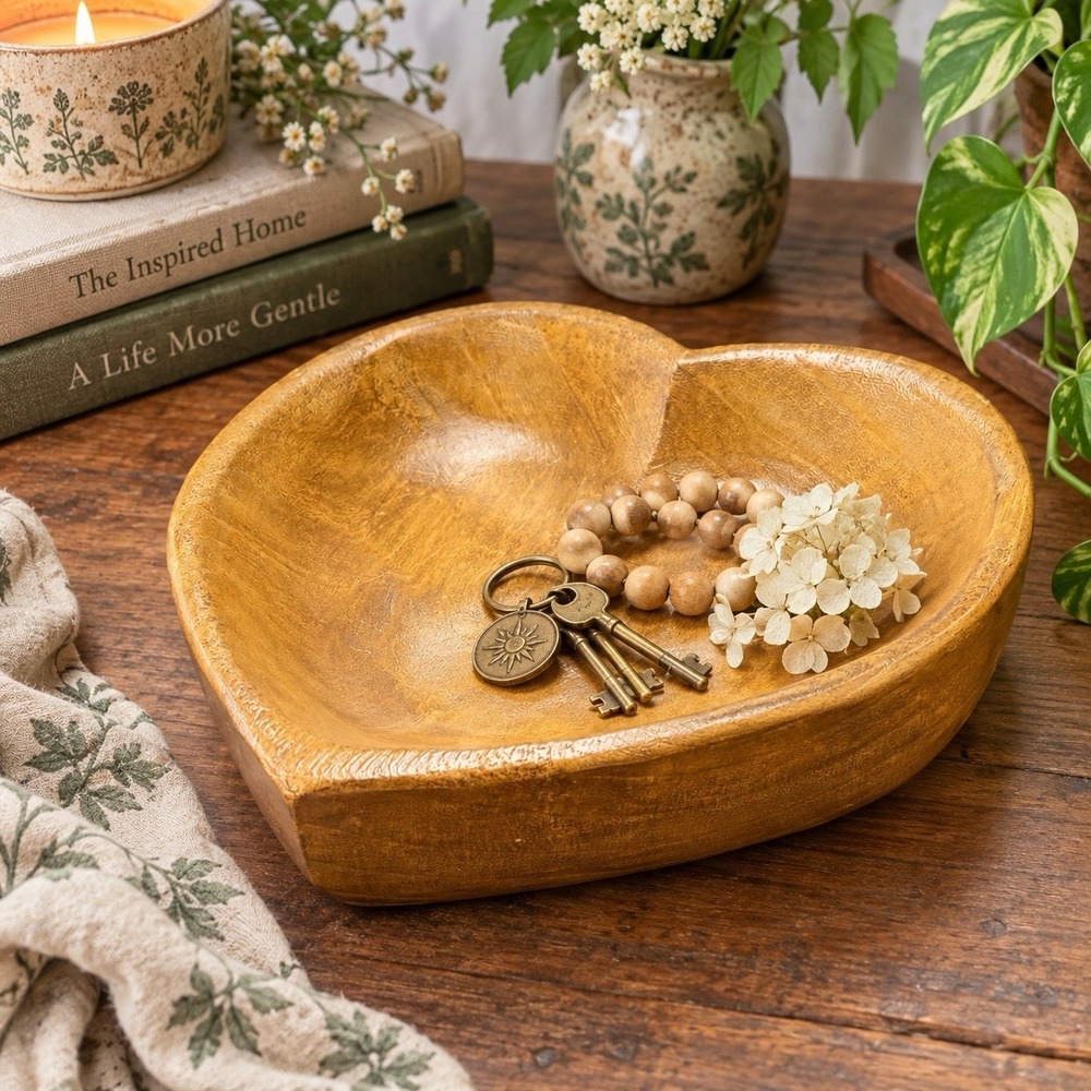 Vintage Wood Heart Bowl 10" Carved Rustic Boho Cottagecore Catchall Decor